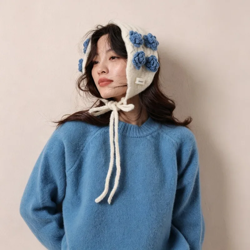 Aestheticism Handmade Crochet Rose Earmuffs Headband Knitted Tie Ear Warmer Cute Floral Winter Warm Head Wrap for Women