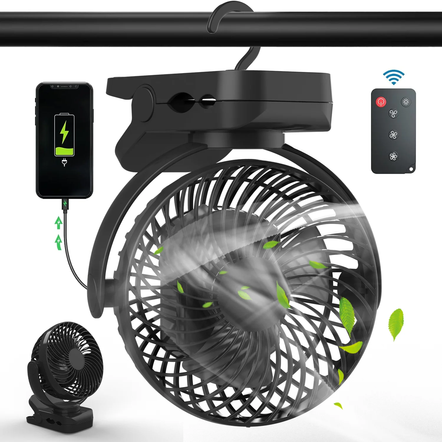 Portable camping fan with rechargeable 10000mAh battery, three-speed, 360° rotation, with hook for remote control