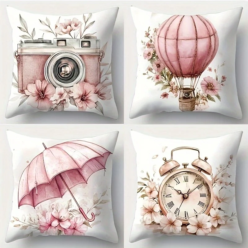 Decorative Pillow Cover Set 4 Vintage Floral Boho Aesthetic Camera Balloon Clock Pillowcase 40x40cm Home Decor