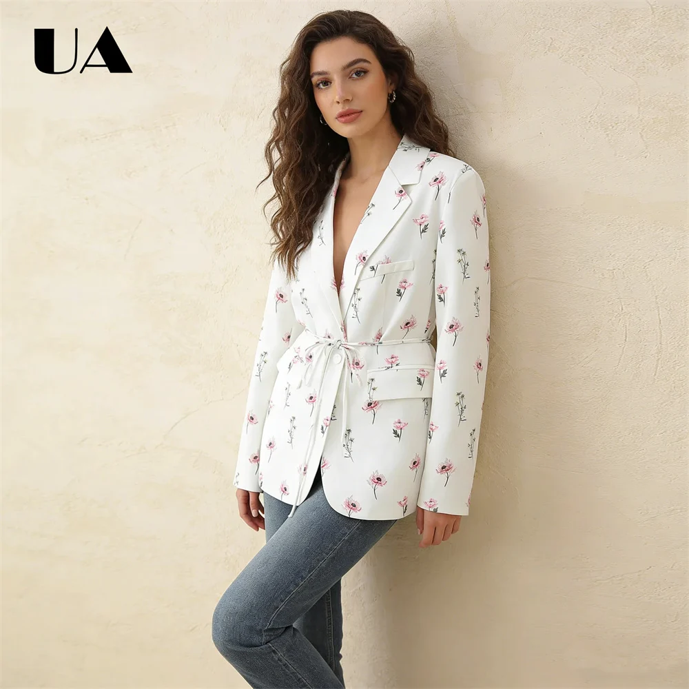 Blazer floral bleu crème à manches longues, veste à revers, ceinture à nouer à la taille, élégant, décontracté, blazer de travail, mode printemps été floral