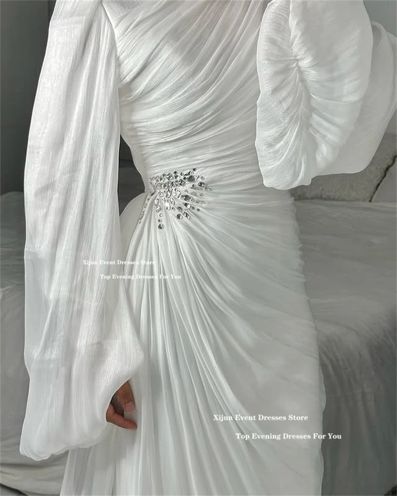 Xijun Modest Ivory Muslim Evening Dresses Full Sleeves Crystal Wedding Party Dresses Pleats Dubai Formal Prom Dresses Customized image 4