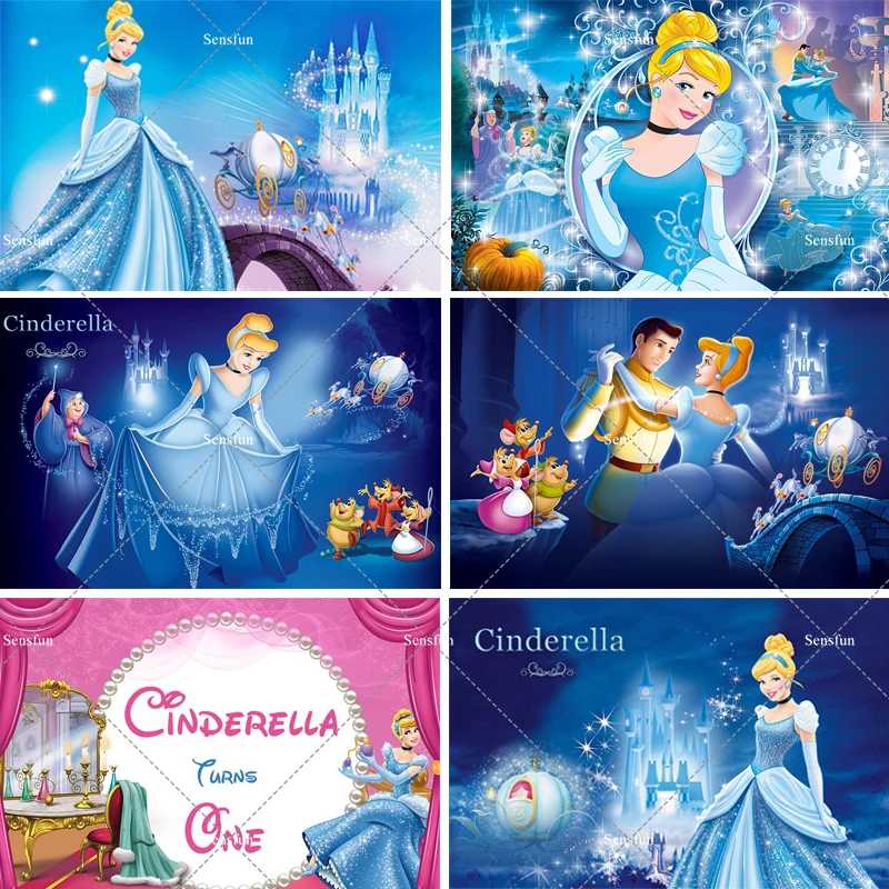 

Blue Dress Blonde Princess Cinderella Backdrop Girls Birthday Party Decor Banner Clock Background Baby Shower Photocall