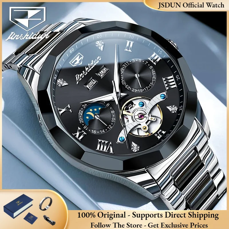 

JSDUN 8949 Automatic Men Watch Flywheel Luxury Mechanical Movement Watch Brand Original Moon Phase Waterproof Hollow Men Watch