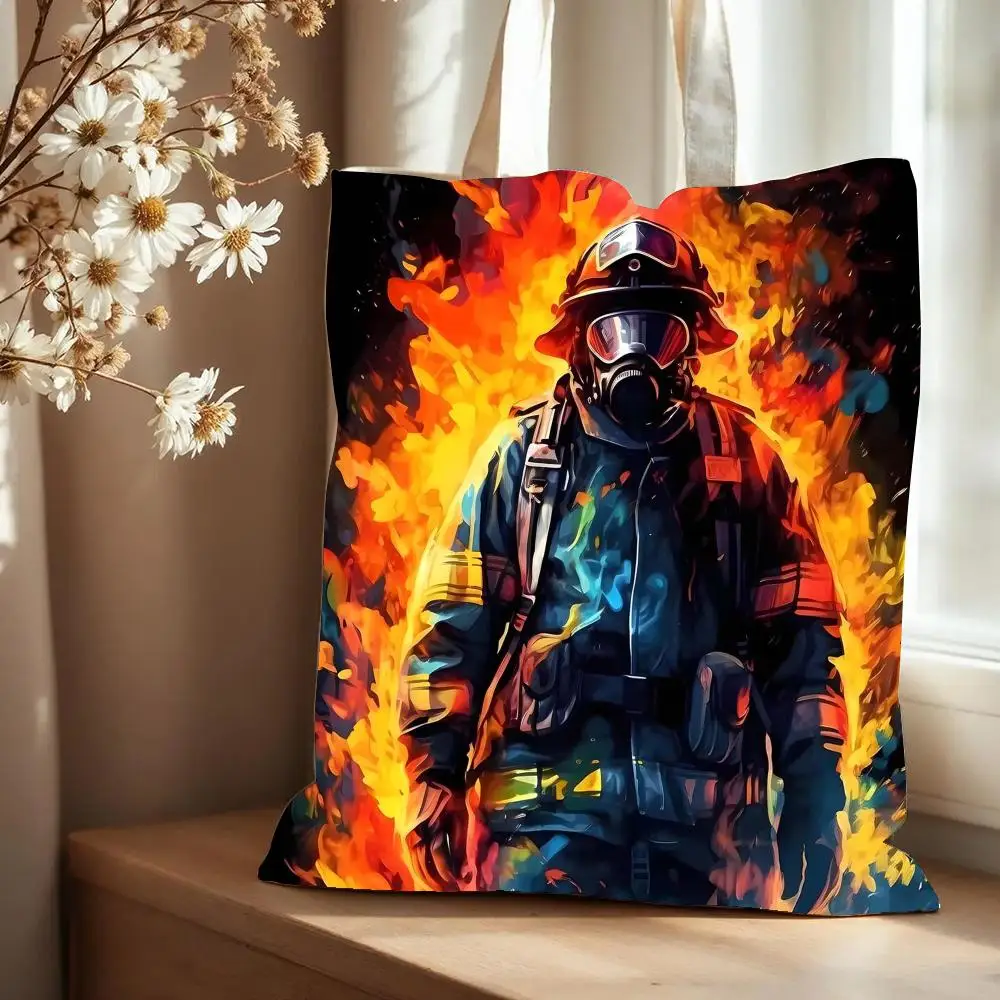 Brave Firefighter Fire Storage Bags Canvas Tote Bag Large Capacity Double-Sided Print Reusable Shopping Bag Shoulder Bag
