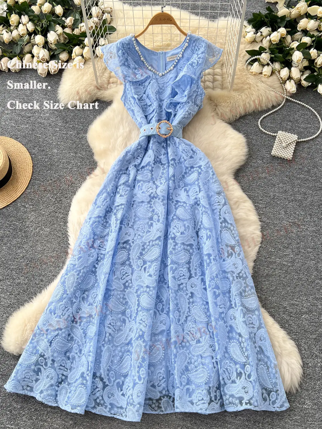 Pearl Neck Summer Lace Long Dress Women Flare Ruffle Sleeve A Line Pleated Crochet Embroidered Midi Dresses Evening Prom Vestido
