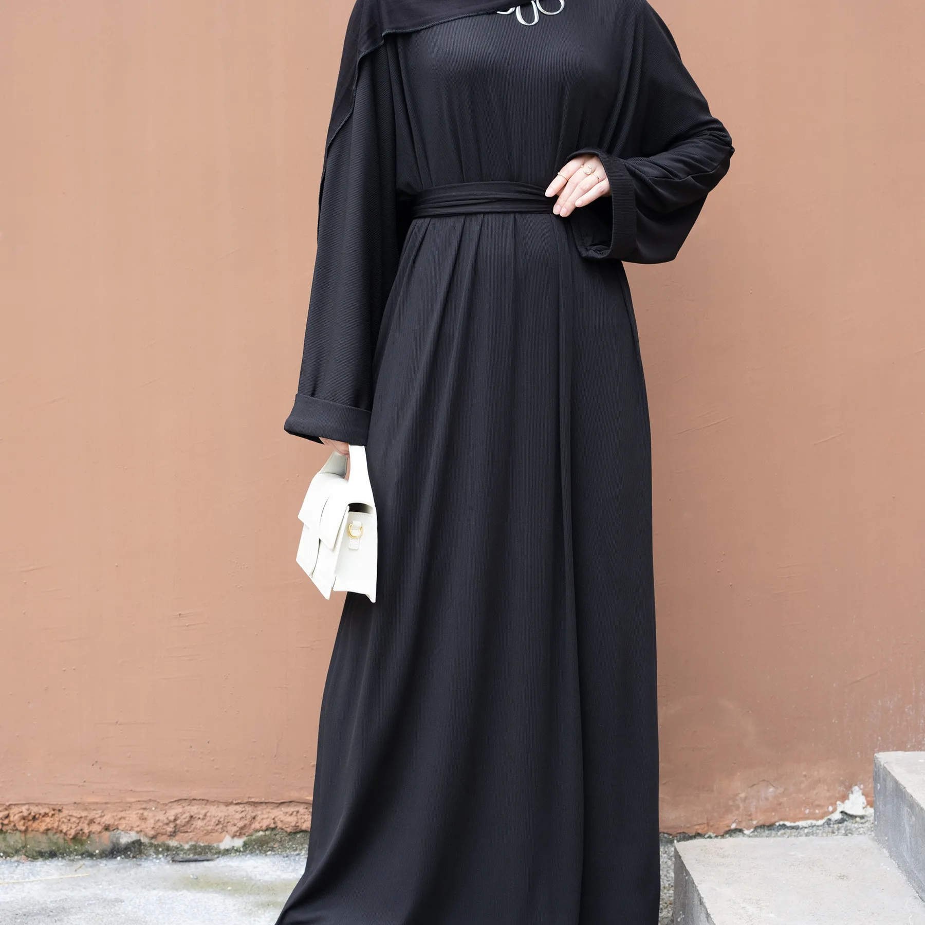 

Dubai Turkey Autumn Winter Casual Maxi Dress Women Knitted Muslim Abaya Belted Kaftan Islamic Abayas Jalabiya Arabic Robe Caftan