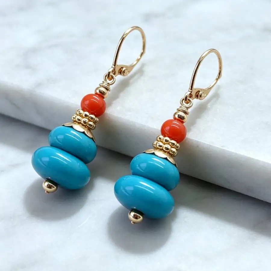 Turquoise Orange Coral Gold Gemstone Earrings 18k Hook Accessories Charming Irregular Beautiful Gift For Her jewelry Aurora DIY
