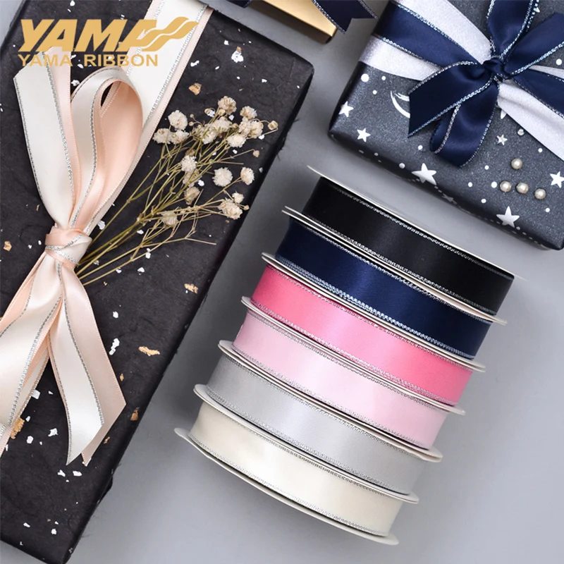 YAMA-Silver Edge Satin Ribbon, DIY Dress Accessory, Wedding Decoration Gifts, 0.25-1.5 Inch, 9, 16, 22, 25, 38mm, 100Yards per L