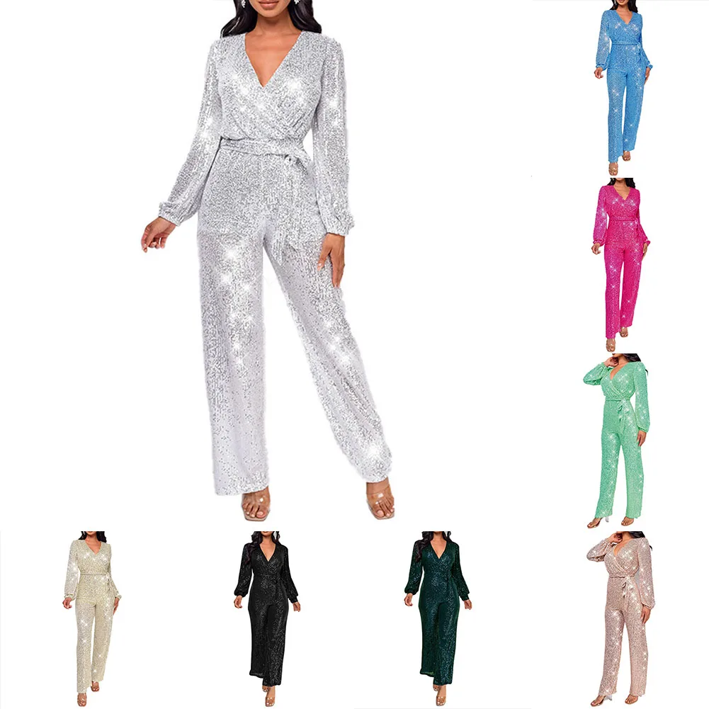 秋冬女性服女性のジャンプスーツロンパース休暇用シルバー長袖ロンパース無地パターン