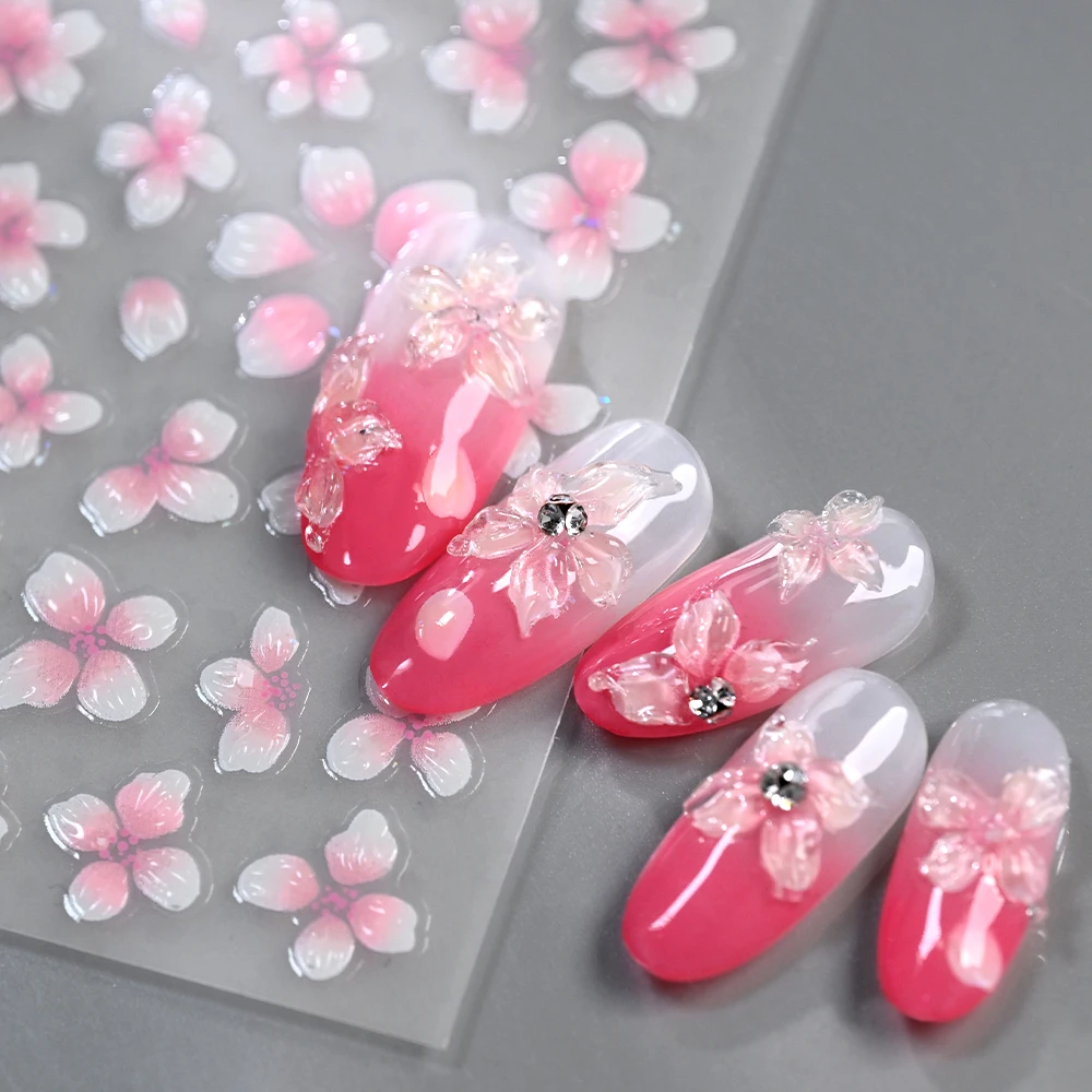 2pcs Pink White Gradient Cherry Blossom Nail Stickers 5D Jelly Vivid Dew Delicate Pink Flower Sakura Spring Nail Decals DIY Deco