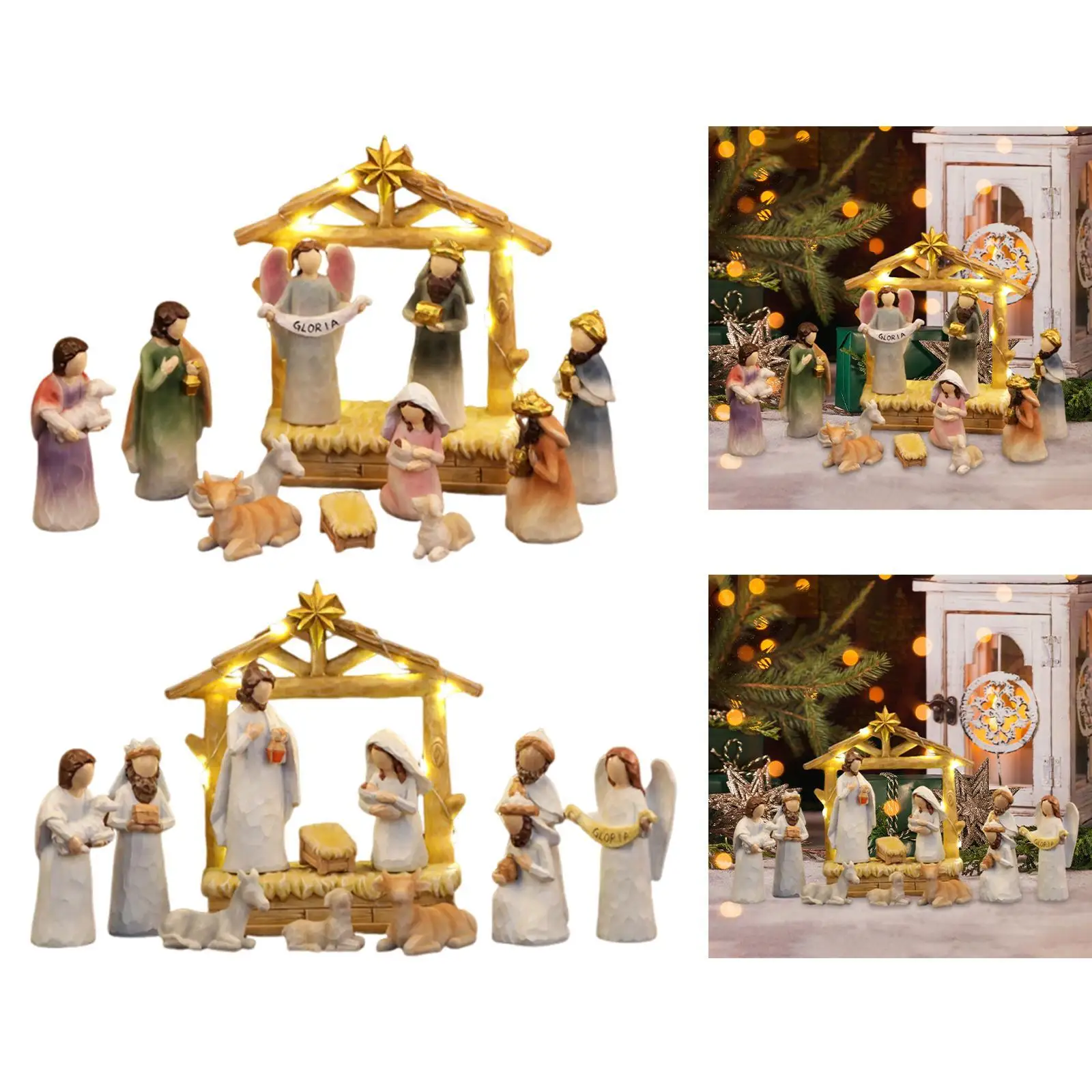 Small Christmas Nativity Set Resin Collectible LED Sculpture Room Decoration Accessories for Holiday Home Decor
