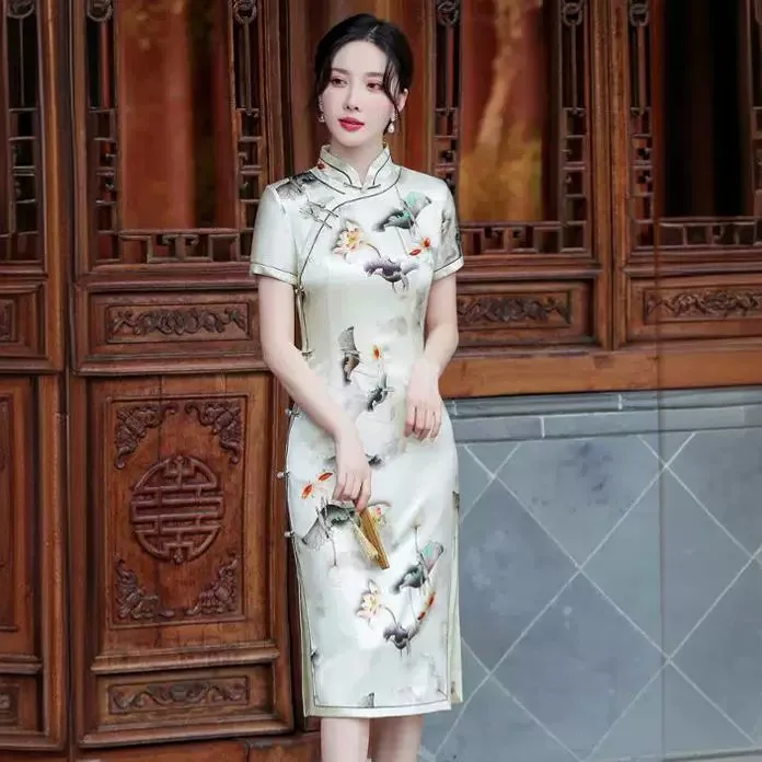 

Cheongsam Qipao Retro Improved Slim-Fitting Printed Dress Spring and Summer Mid-Length Chinese Dress