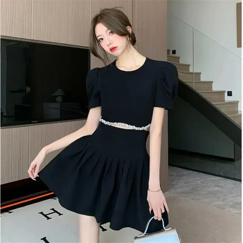 New Summer Hotsweet Girl Beads Black Grey Mini Dress Women Hollow Out Waist O Neck A Line Dress Fashion Chic Slim Short Dress