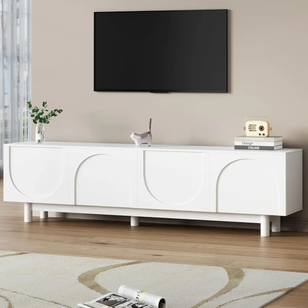 TV-Schrank. Moderner TV-Ständer für 80 Zoll + Fernseher, 70 Zoll TV-Konsole aus Holz mit gewölbten Türen, Arch-Entertainment-Center mit 2 Aufbewahrungsschränken