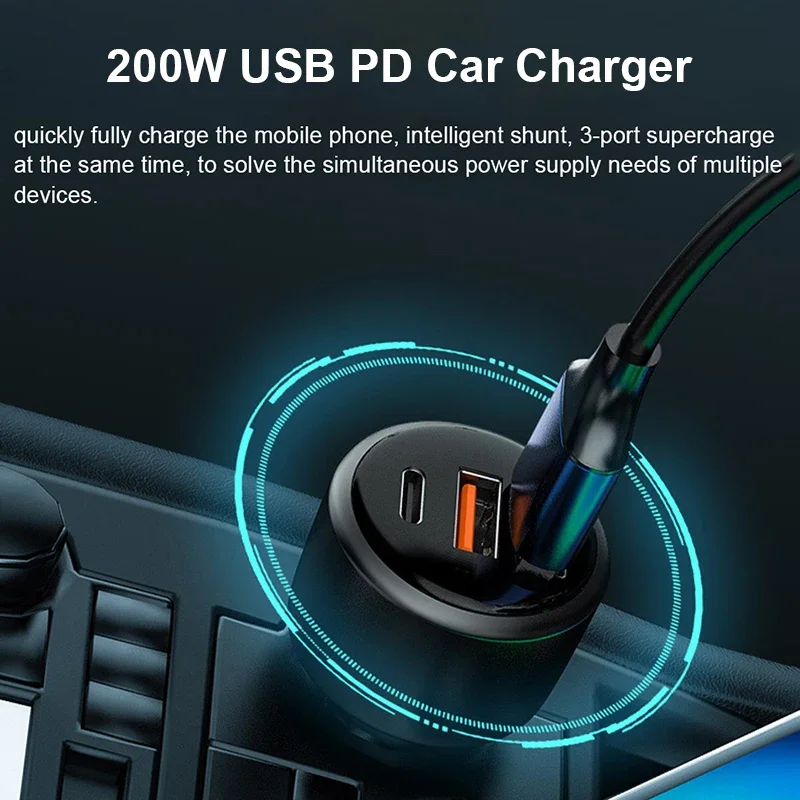 Cargador de coche USB PD de 200W, 3 puertos, carga superrápida 2,0, 100W, 65W, QC3.0, para Honor, Xiaomi, Vivo, Huawei, iPhone 14, 13Pro