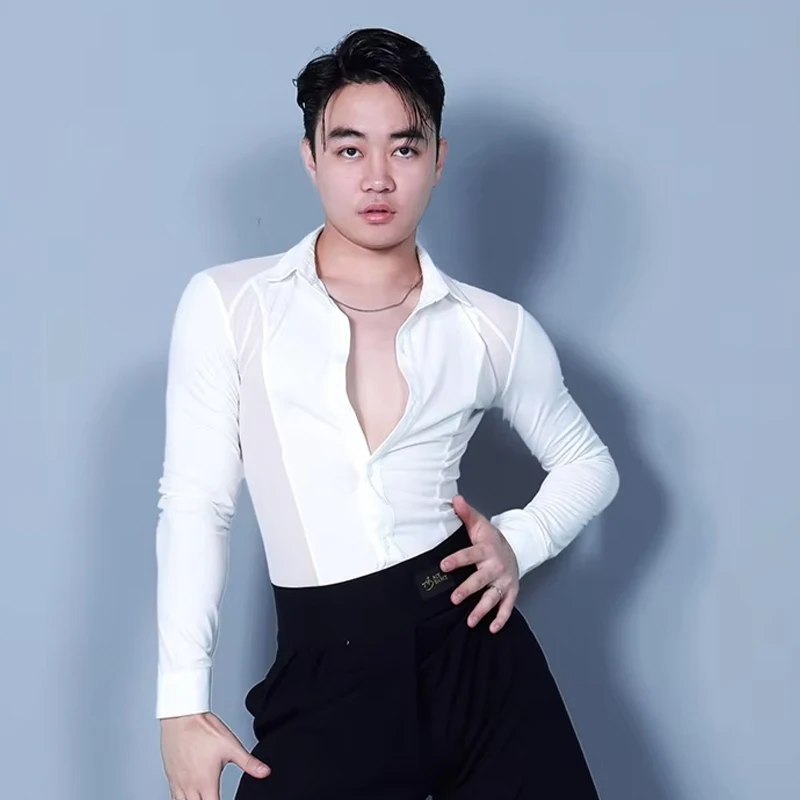 Latin Dance Herenkleding Lange Mouw Zwart Shirt Mannelijke Ballroom Tango Dansen Outfit Wit Tops Volwassen Latin Training Wear 7681