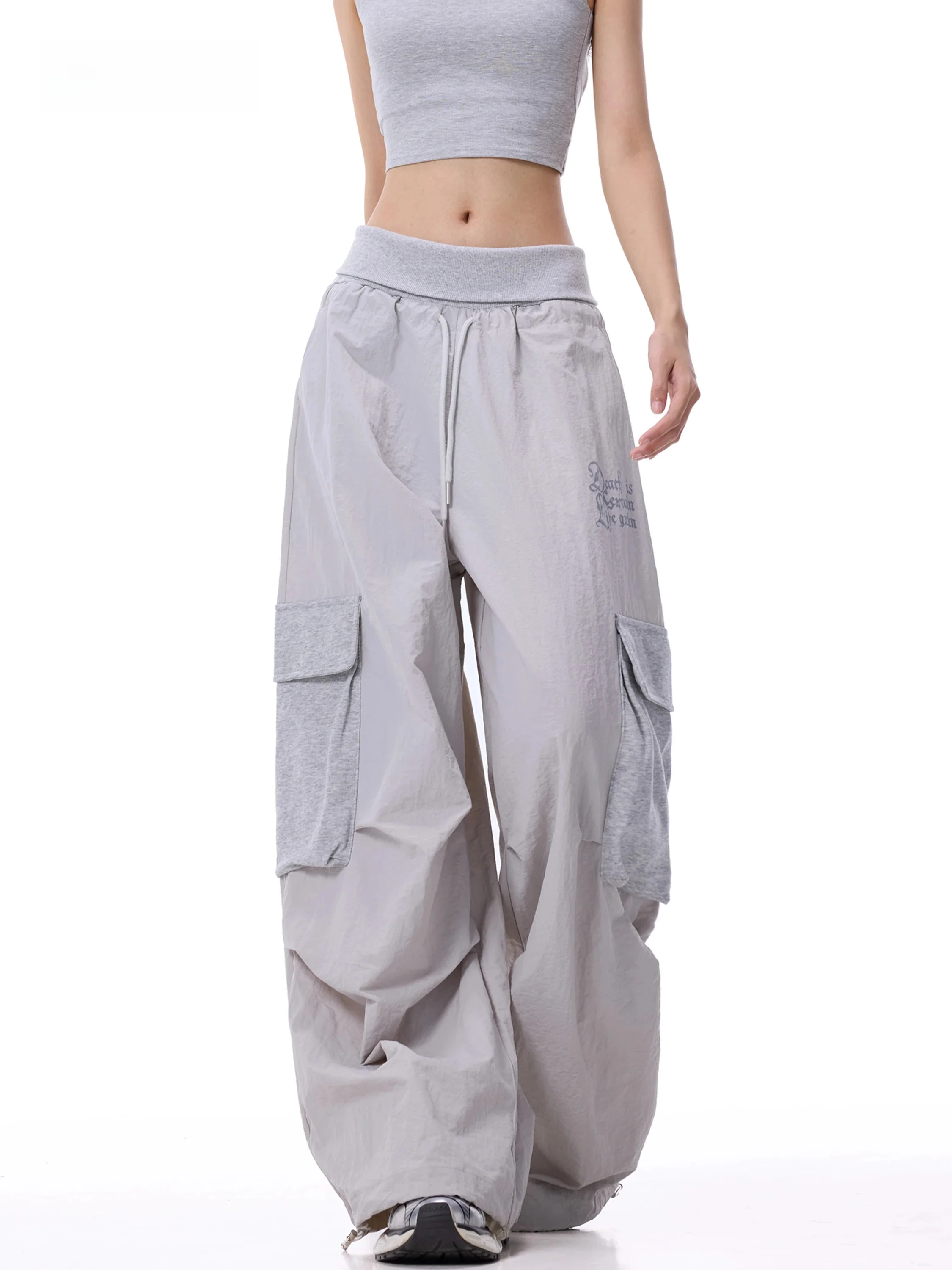 Casual Grey Women's Sweatpants Quick Dry Pleated Design Double Waist Loose Wide Leg Dancing Cuffed Umbrella Soldier Pants
