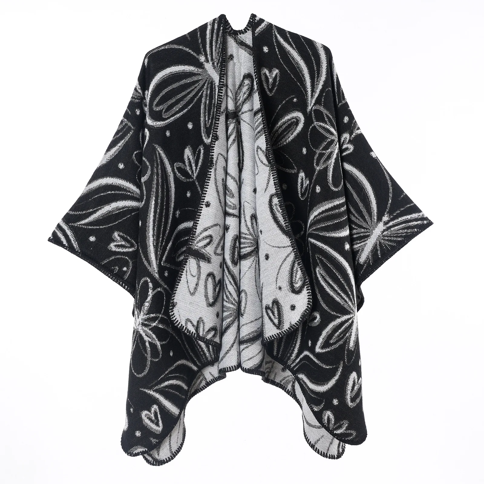 Double-Sided Butterfly Floral Tassel-Collar Shawl Coat Vintage Fake Cashmere Warm Split Outerwear Wrap for Women
