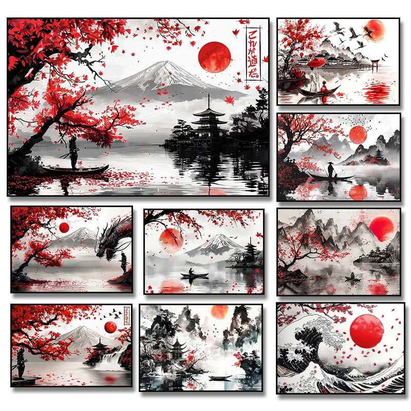 Japanisches Landschafts-Tuschemalerei-Poster, Berg, Kirschblüten, Blumen, Samurai, Drache, Koi, Leinwandbild, Wandkunst, Heimdekoration