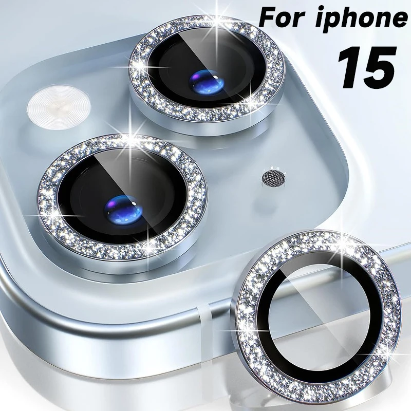 Diamond Glitter Camera Lens Protector For iPhone 15 15Plus 15Pro Back Lens Tempered Glass Cover Metal Ring Tempered Glass Film