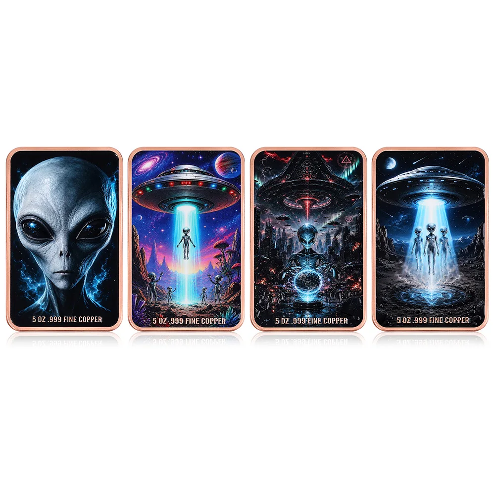 5 OZ .999 Fine Square Copper Bar Alien UFO Abduction Cosmic City Scene Sci-Fi Pattern Desktop Decoration Collector Souvenir Gift