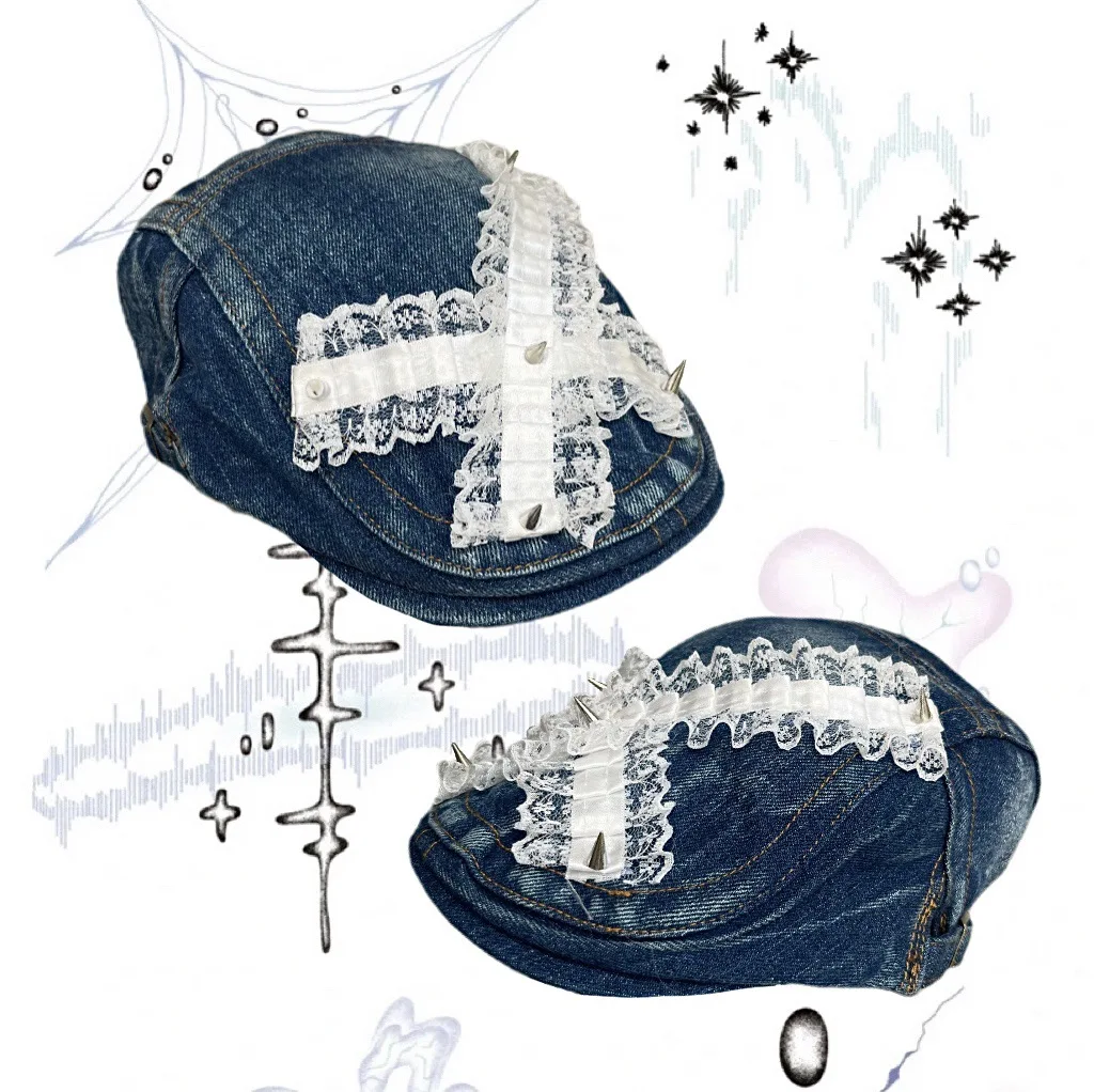 

Girls Cute Hats Sweet Cool Style Beret Mushroom Hat Lace Rivet Subculture Y2K Hot Girl Aged Washed Denim Baseball Cap Front Cap