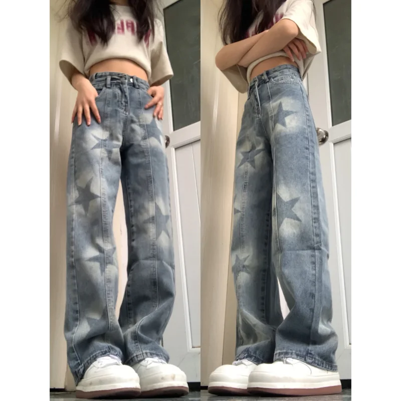 Retro jeans met wijde pijpen en sterrenprint Dames lente herfst Amerikaanse high street slank recht ontwerp Trendy denimbroek