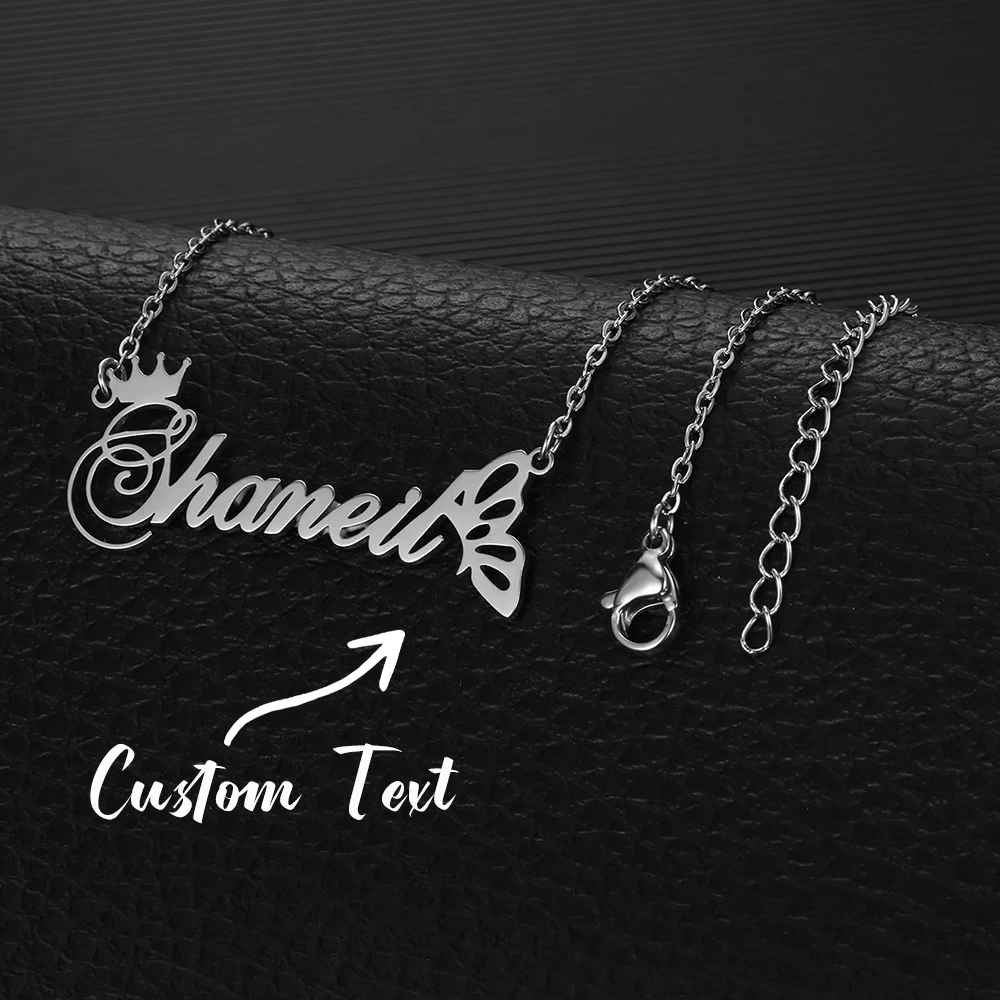 Personalisierte Namenskette für Frauen aus Edelstahl mit Krone und Schmetterling, personalisierter Namensschild-Anhänger, Schmuck, Geburtstagsgeschenk