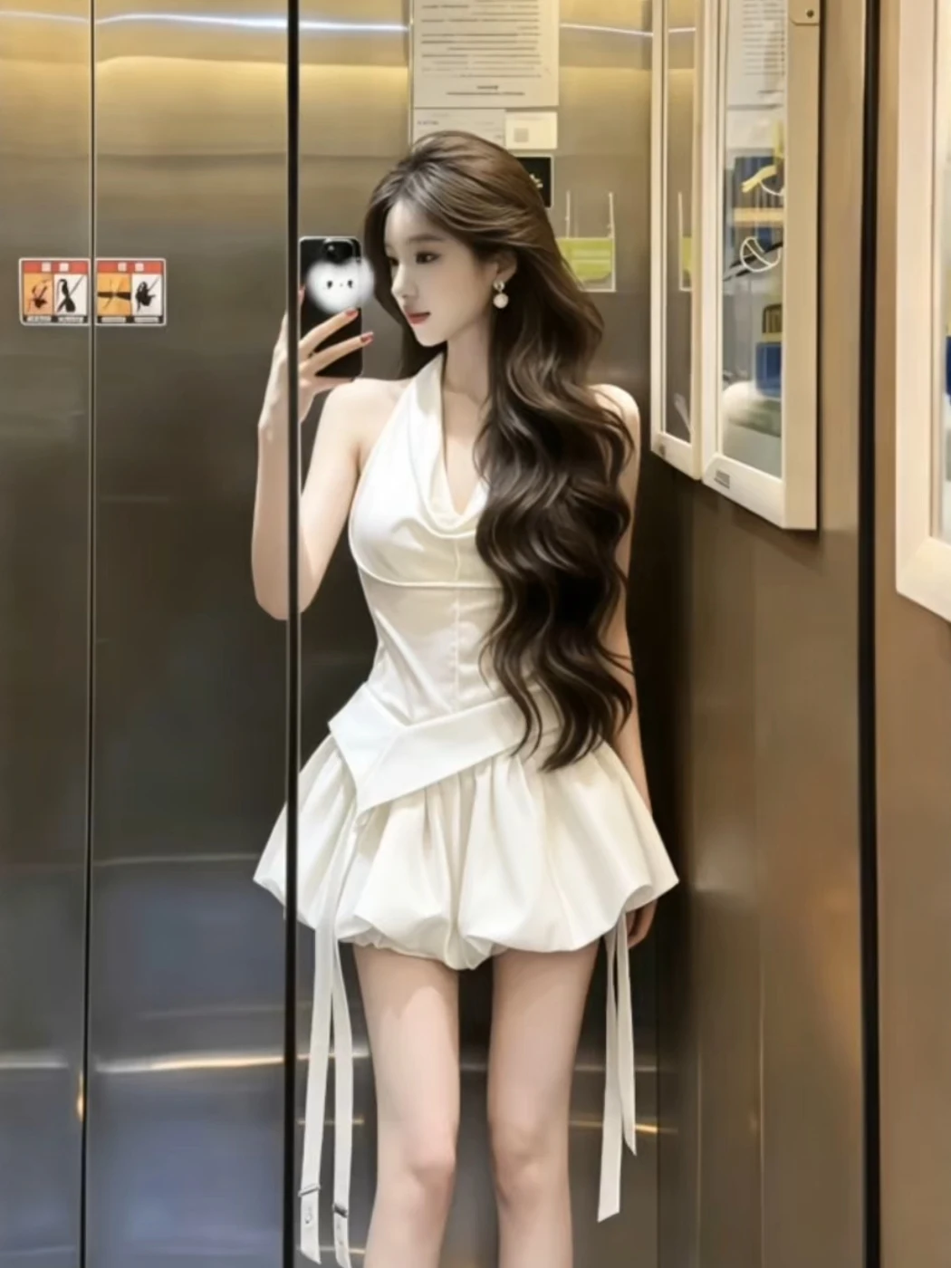 

Sweet And Spicy High Waist Puffy Short Skirt And Sleeveless Top Women's Summer Fashion Set Sexy Backless V-Neck Two-Piece Suit