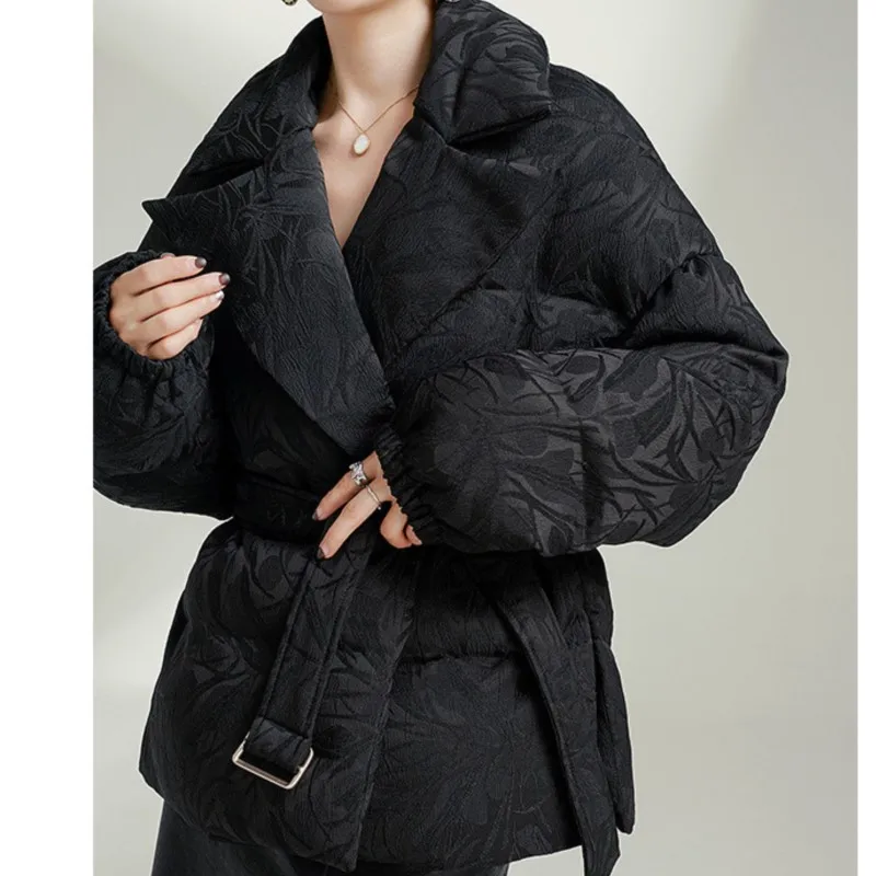 Collar flower dark pattern high-end goose down jacket waist cinched white goose down jacket women black