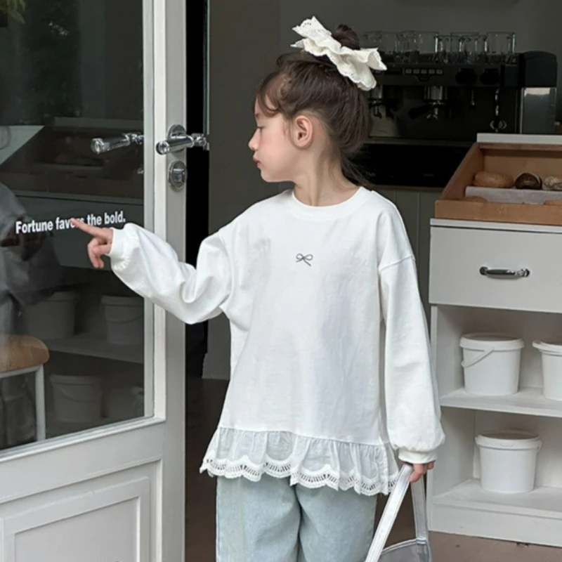 2026 New Spring Autumn Girls Long Sleeve T-shirt Sweet Lace Hem Bow Print Stylish Trendy Kids Base Layer Top for 90-170cm