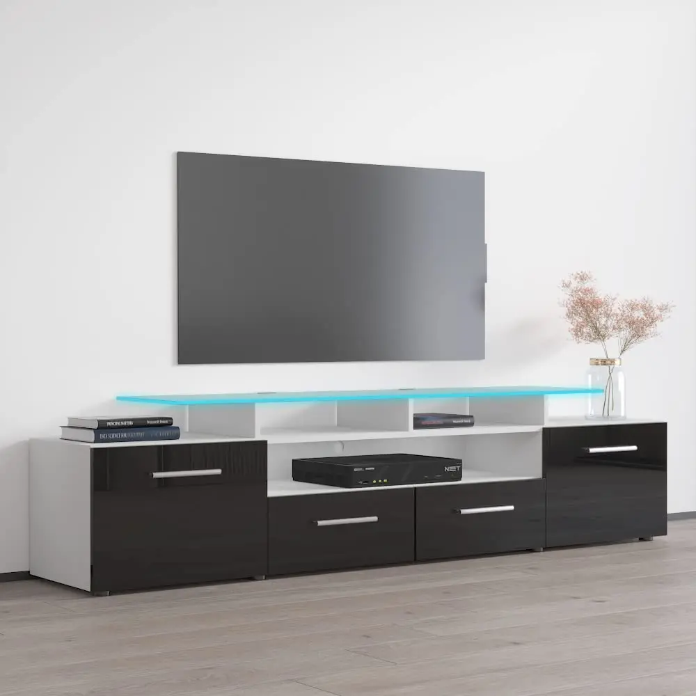 Meble Furniture Evora Wide High TV Stand — Modern High Gloss Finish — LED Lighting & Storage Cabinets, 76 Inches —, Customized