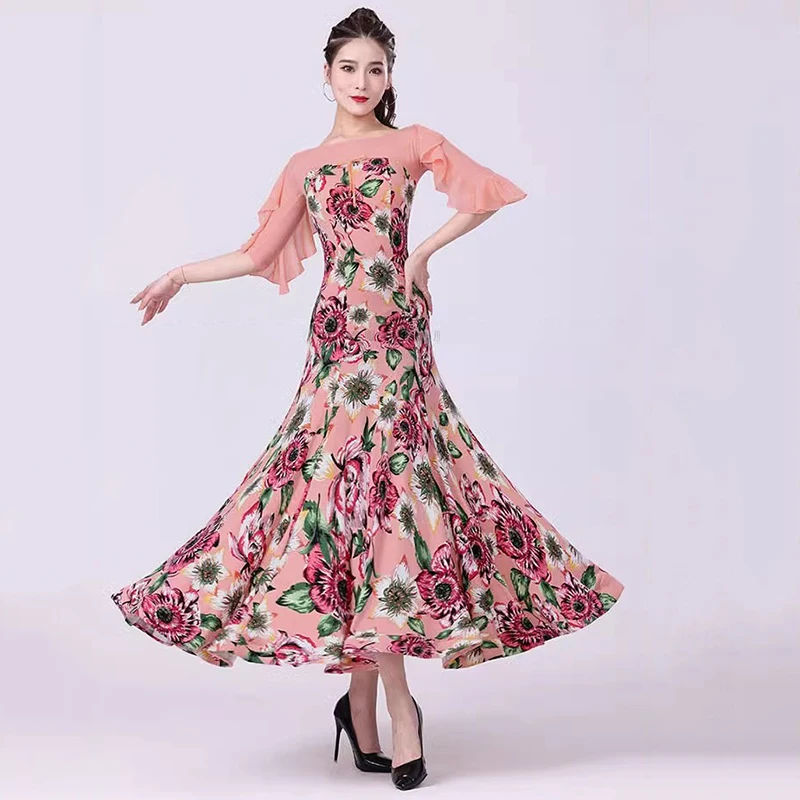 Women Ballroom Dress Clothes 2023 New Ruffle Sleeve Pink Waltz Costumes Chiffon High-end Party Modern Dance Competition Dresses