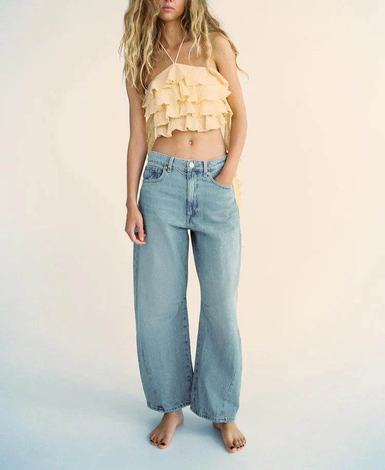 Top corto ort Sve para mujer, diseño Irregular, dobladillo con volantes, chaleco de línea Ne colgante, fibra de poliéster, corte ajustado, novedad de verano