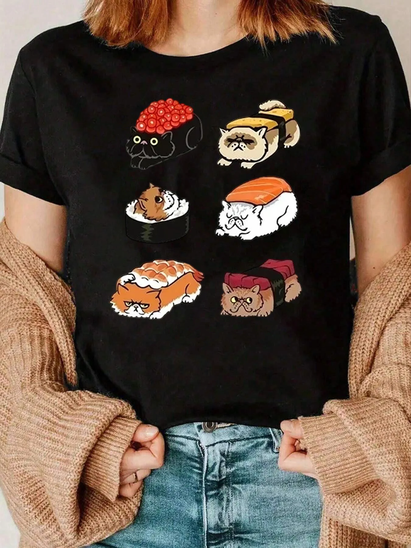 Koszulka damska z nadrukiem kota i sushi, odzież codzienna, 220g