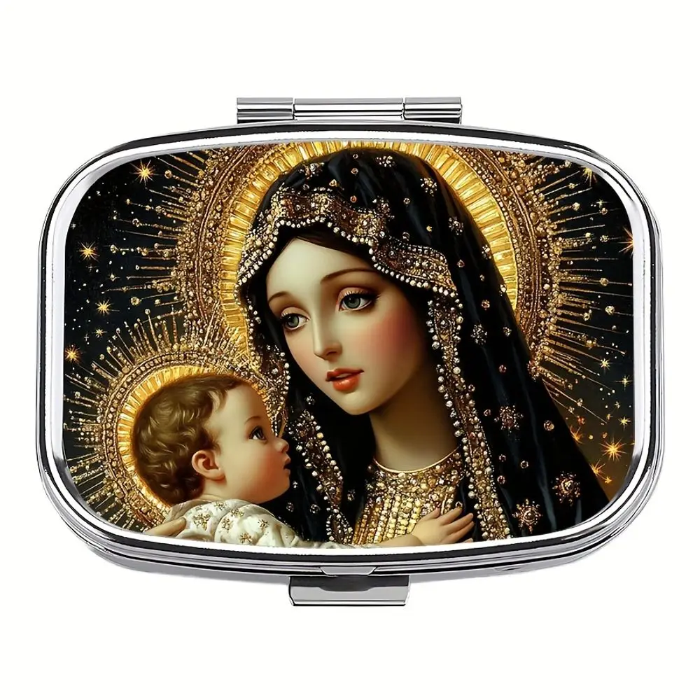 1PC Virgin Mary & Baby Jesus 2-Compartment Pill Box, Portable Pocket Wallet Case, Elegant Gift