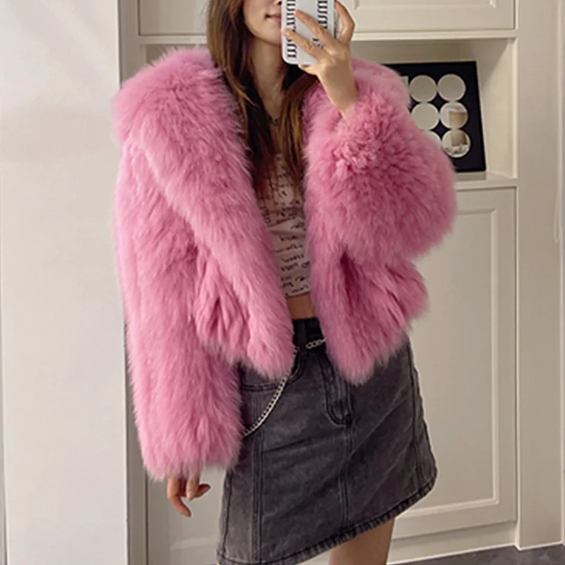 2024 Haining fur winter fox hair woven double-sided encrypted navy collar young short fur coat for women