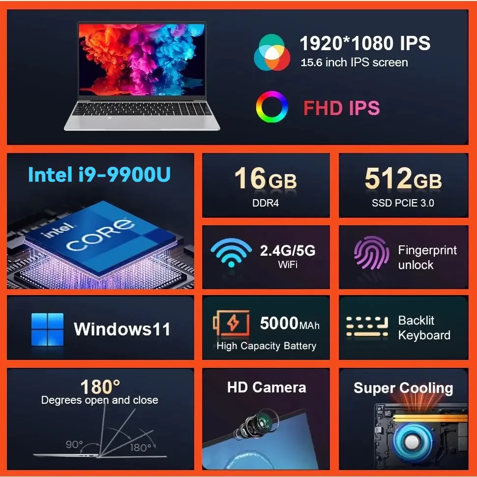 15.6 Inch Backlit Windows 11 PC Gaming Laptop Intel Core i9 9900u Laptops 16GB DDR4 1TB SSD Computer Office Study Notebook PC