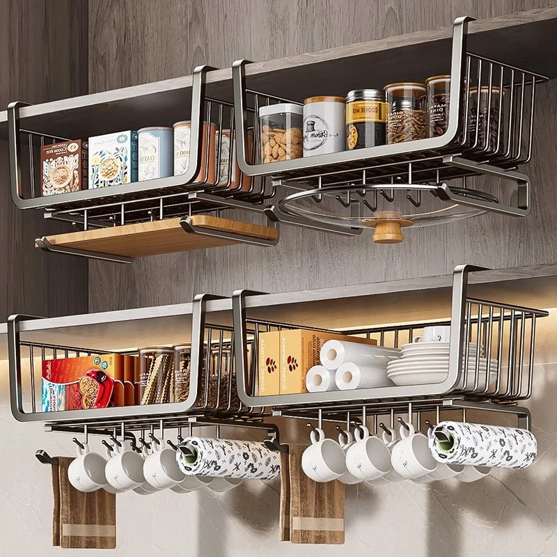 Hanging Stainless Steel Kitchen Cabinet Basket Organizer No-Install Under-Cabinet Storage Optional Hooks Paper Towel Adjustable