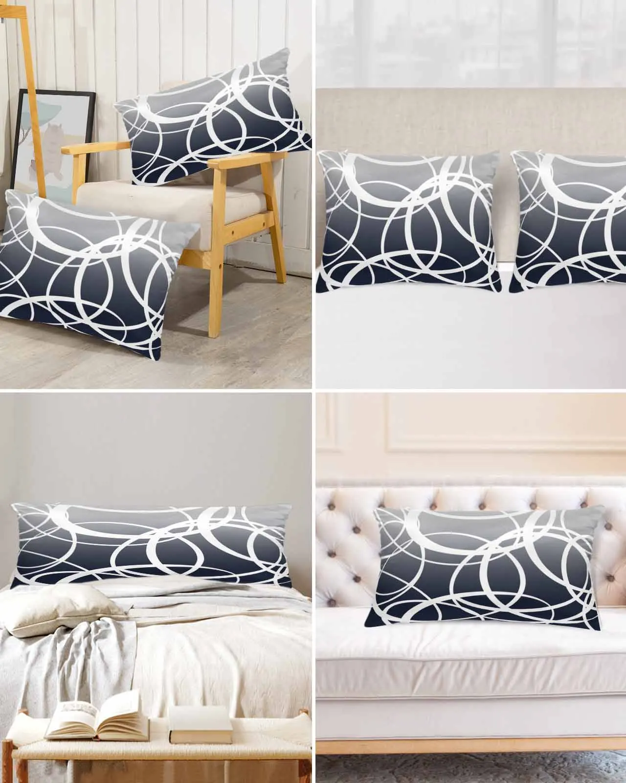 Geometric Art Of Gradual Navy Blue Circle Lines Bed Satin Pillowcase Sofa Pillow Cover Case Bedroom Satin Cushion Covers Home