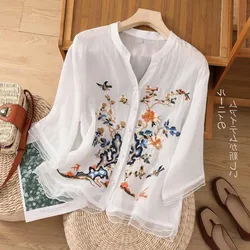 High-end Cotton and Linen Tops Female 2024 Summer New Embroidered Cardigan Shirt New Chinese Style Patchwork Bag Buckle Shirt