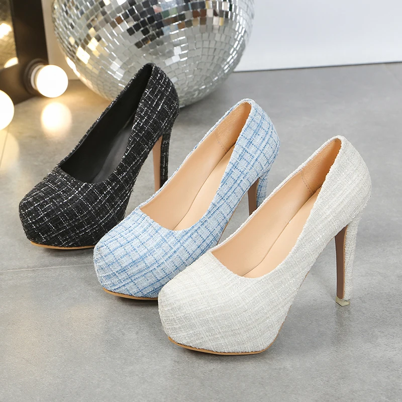 Waterproof platform high heels plaid style with skirt spring and autumn single shoes shallow mouth sexy black high heels