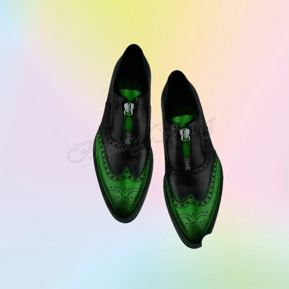 

Green Black Front Zipper Men Shoes Slip on Soft Pumps Men's Dress Shoes Gentlemen Slip on Party Shoes Big Size 47 Sprig Autumn