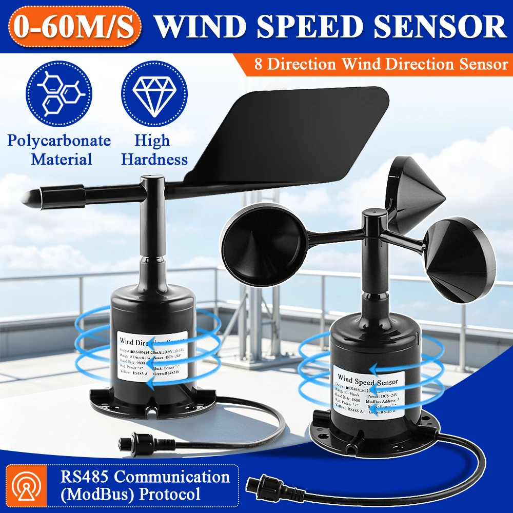 60m/s Weather Station Outdoor 3 Cup Anemometer Sensor Output RS485 4-20MA 0-5V Polycarbon Fiber Wind Speed Wind Direction Sensor
