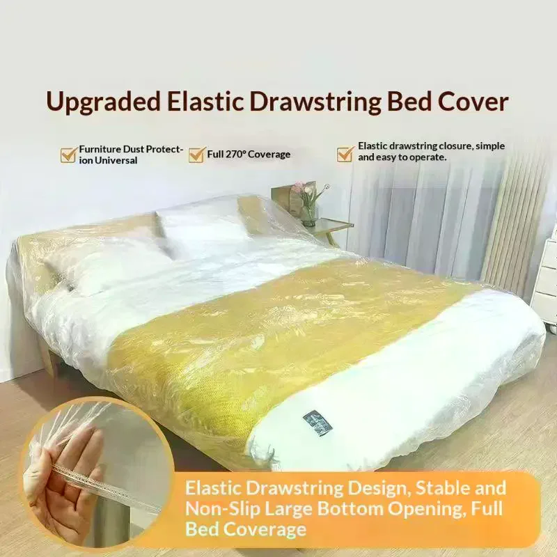 5 Pcs Transparent Disposable Waterproof Thick Plastic Bed Dust Cover Elastic Edges Easy Application Furniture Protection Home