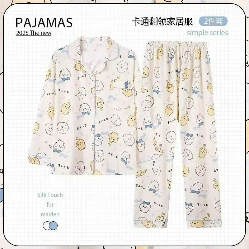 Cartoon Chiikawa Pajamas Women Spring Autumn Long Sleeves Trousers Loungewear Girls Students Kawaii Usagi Hachiware Sleepwear