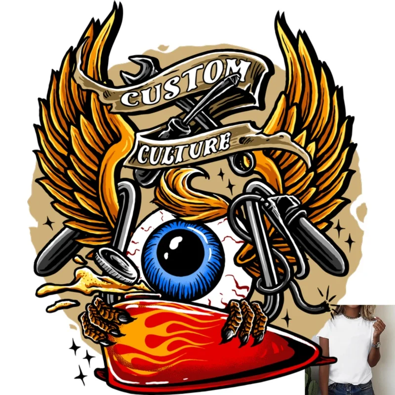 Custom Culture Mechanical Wing & Eyeball Heat Transfer White Ink Iron - on Patch, Street Casual Style, Fit for T -