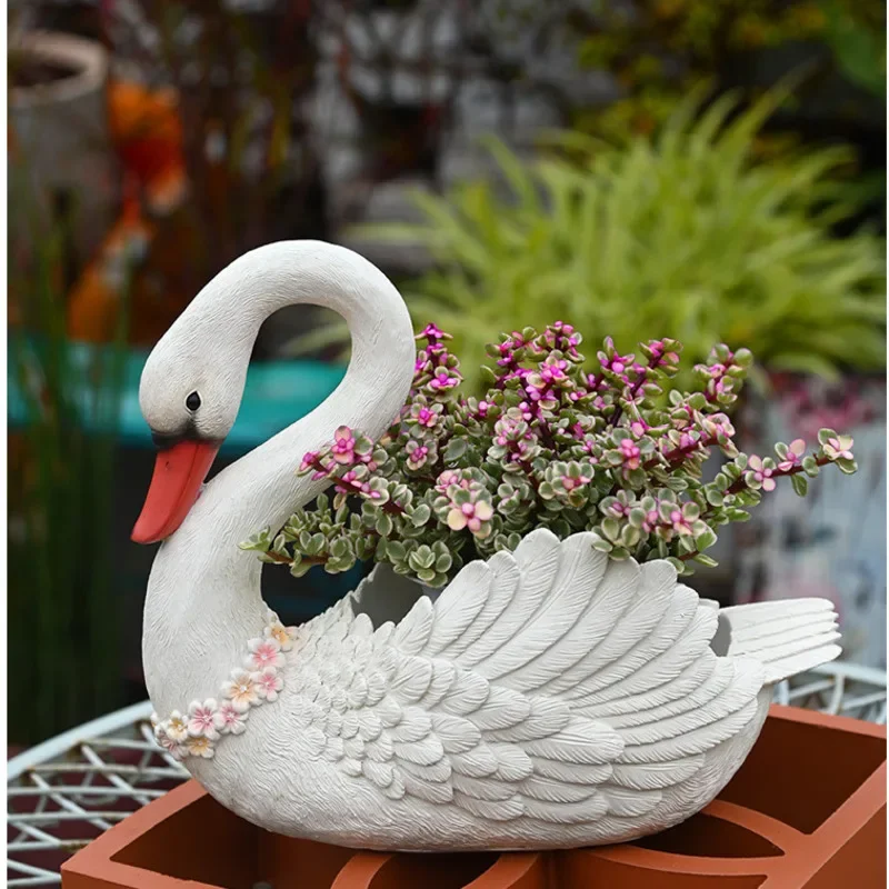 Creative Personality Flower Pot, Cute Swan Bonsai Basin, Courtyard Balcony Succulent Container, Large Resin Animal Ornament