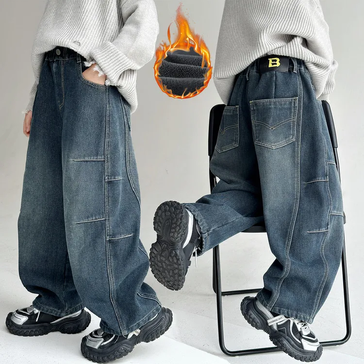 

Boys Trendy Fleece Lined Jeans Vintage Distressed Autumn Winter Streetwear Thick Warm Casual Denim Trousers for Teenage Children