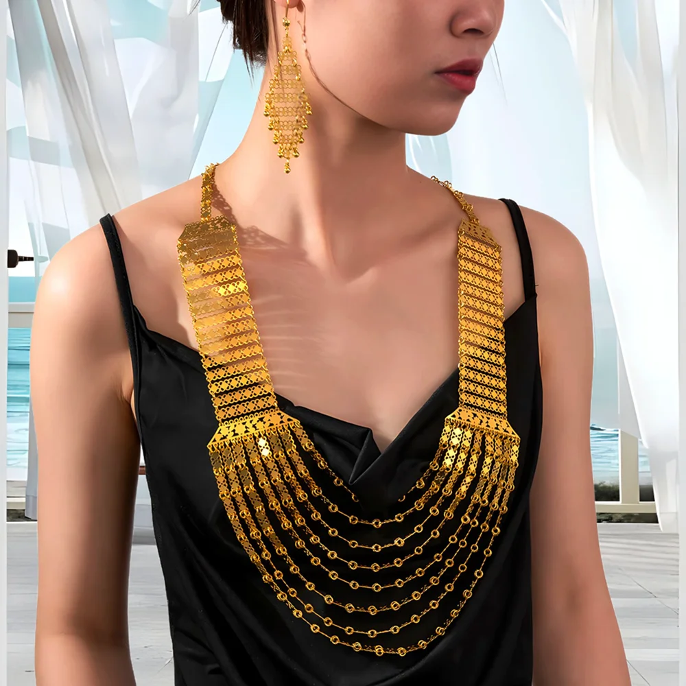 

New Fashion Gorgeous Exaggerated Gold Color Metal Multi Layered Bib Necklace Women's Ball Party Jewelry Set